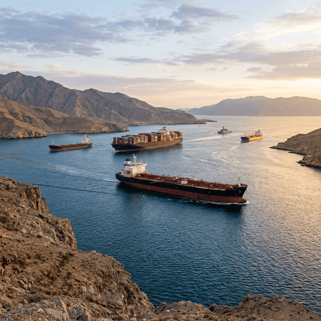 Multiple cargo ships navigating a narrow waterway surrounded by rocky mountains during sunset